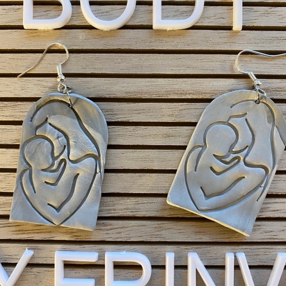 madebyerinvheald Jewelry - Handmade Clay Earrings | Large Arch | Grey Motherhood Style| Hook Backs